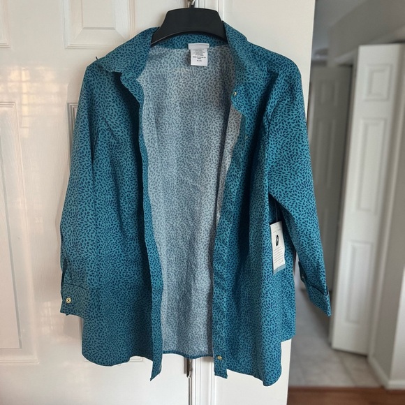 Jaclyn Smith Women's XL Teal Blue Button Down Shirt Blouse 3/4 Roll-Tab Sleeve - Picture 8 of 10